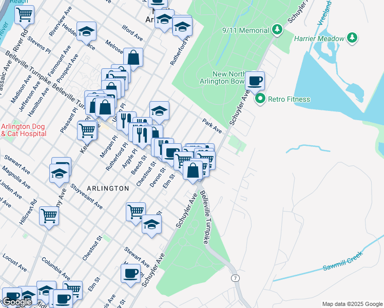 map of restaurants, bars, coffee shops, grocery stores, and more near 18 Elm Street in North Arlington