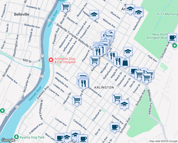 map of restaurants, bars, coffee shops, grocery stores, and more near 790 Kearny Avenue in Kearny