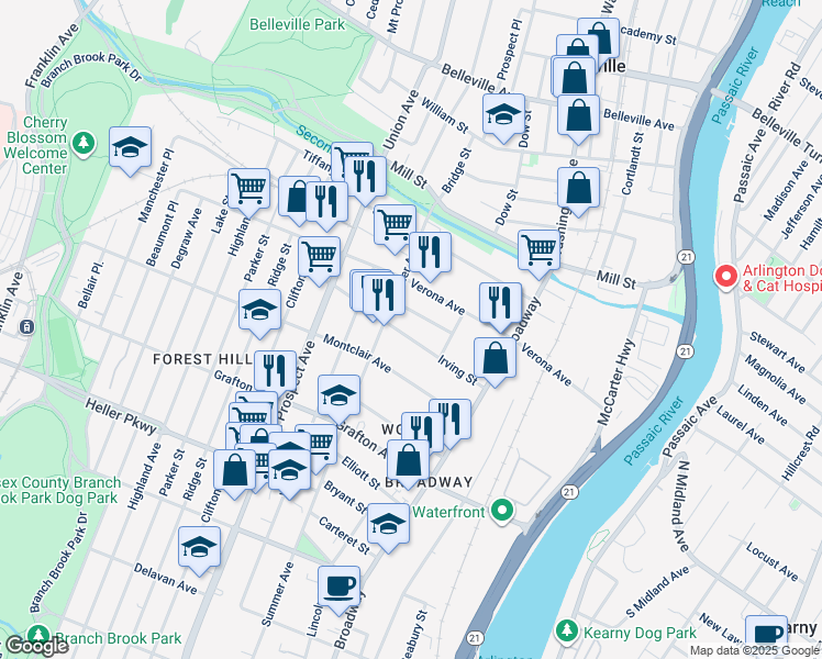map of restaurants, bars, coffee shops, grocery stores, and more near 68 Irving Street in Newark