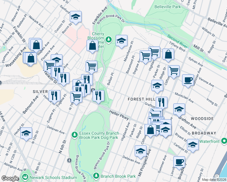 map of restaurants, bars, coffee shops, grocery stores, and more near 84 Forest Hill Parkway in Newark