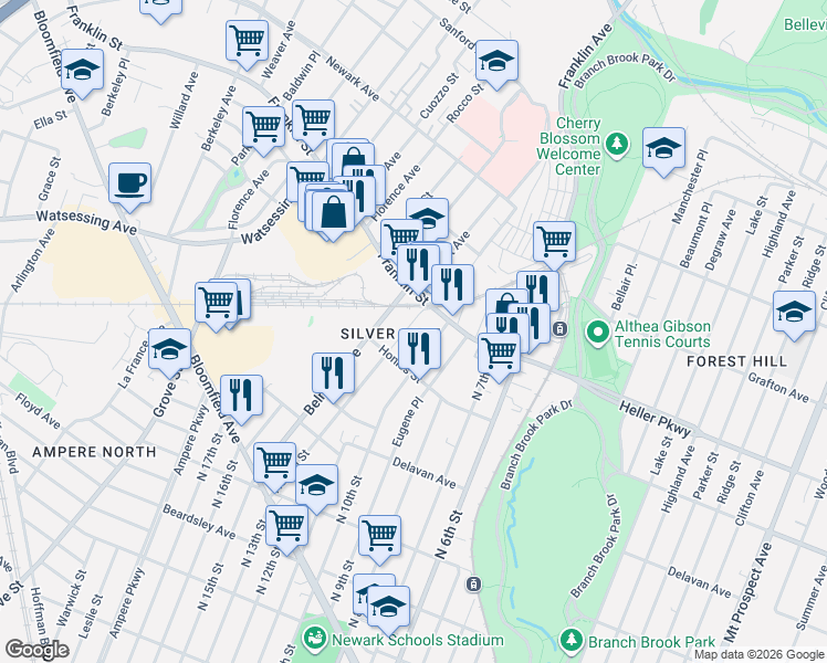 map of restaurants, bars, coffee shops, grocery stores, and more near 58 Honiss Street in Belleville