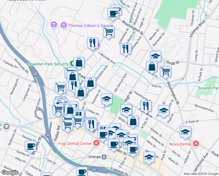 map of restaurants, bars, coffee shops, grocery stores, and more near 470 Park Avenue in City of Orange