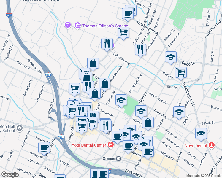 map of restaurants, bars, coffee shops, grocery stores, and more near 170 Summer Street in City of Orange