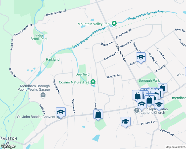 map of restaurants, bars, coffee shops, grocery stores, and more near 2 Maple Avenue in Mendham