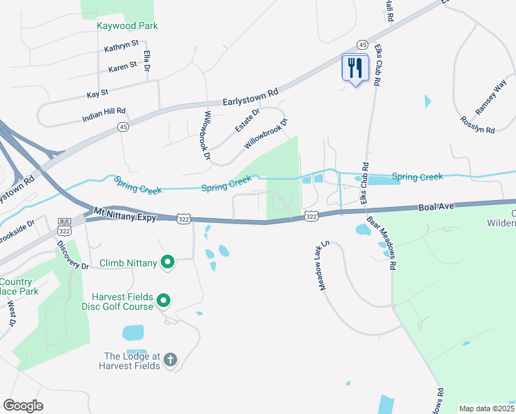map of restaurants, bars, coffee shops, grocery stores, and more near 136 Faith Circle in Boalsburg