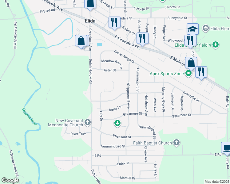 map of restaurants, bars, coffee shops, grocery stores, and more near 5037 Willow Dr in Elida