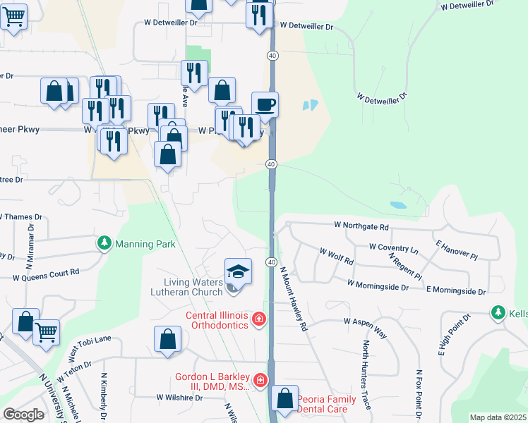 map of restaurants, bars, coffee shops, grocery stores, and more near 7518-7550 N Knoxville Ave in Peoria