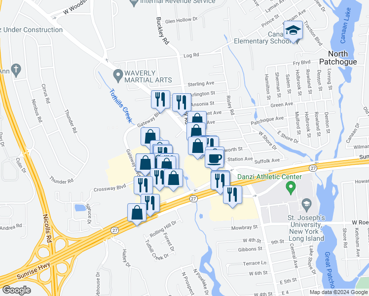 map of restaurants, bars, coffee shops, grocery stores, and more near 450 Waverly Avenue in Patchogue