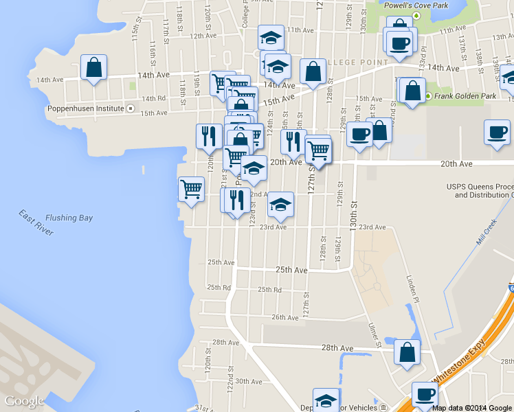 map of restaurants, bars, coffee shops, grocery stores, and more near 22-17 123rd Street in Queens