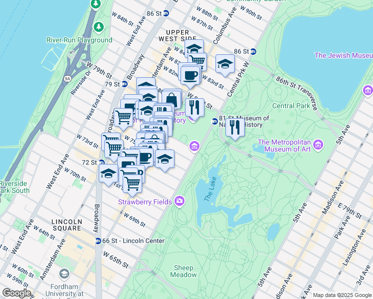 map of restaurants, bars, coffee shops, grocery stores, and more near 170 Central Park West in New York