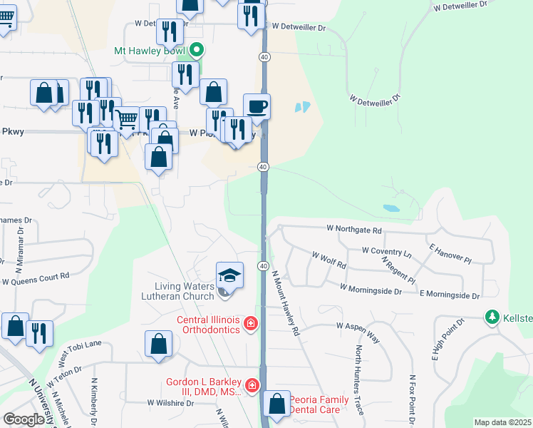 map of restaurants, bars, coffee shops, grocery stores, and more near 7518 Knoxville Avenue in Peoria