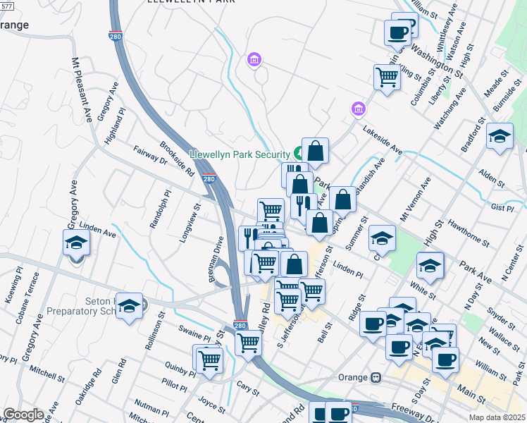 map of restaurants, bars, coffee shops, grocery stores, and more near 66 Main Street in West Orange