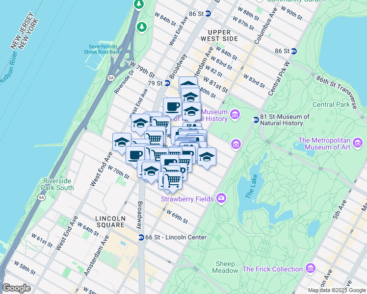 map of restaurants, bars, coffee shops, grocery stores, and more near 118 West 75th Street in New York