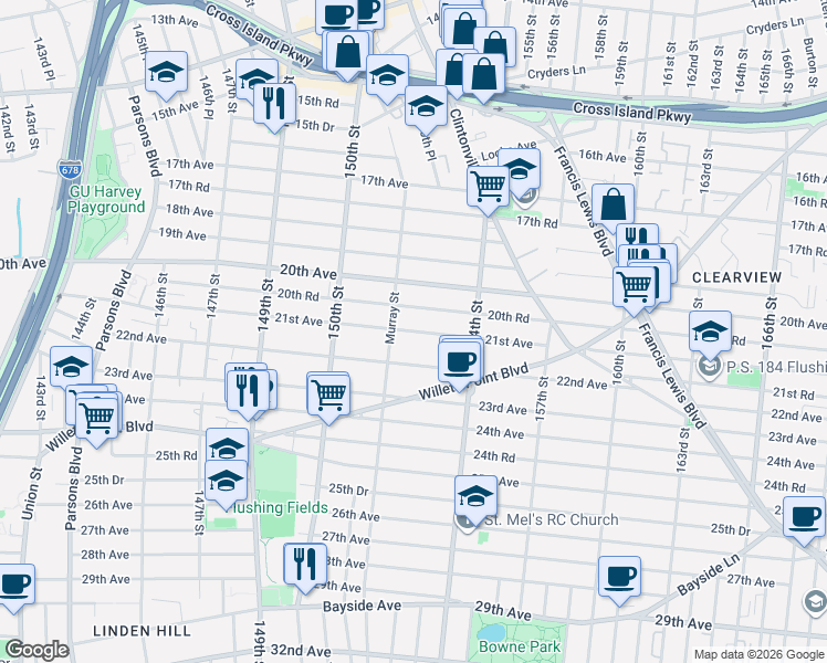 map of restaurants, bars, coffee shops, grocery stores, and more near 21-23 Murray Street in Queens