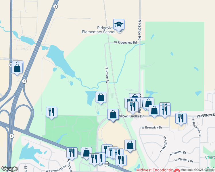 map of restaurants, bars, coffee shops, grocery stores, and more near 7584 North Brauer Road in Peoria