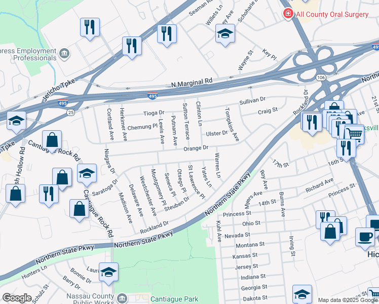 map of restaurants, bars, coffee shops, grocery stores, and more near 16 Otsego Place in Jericho