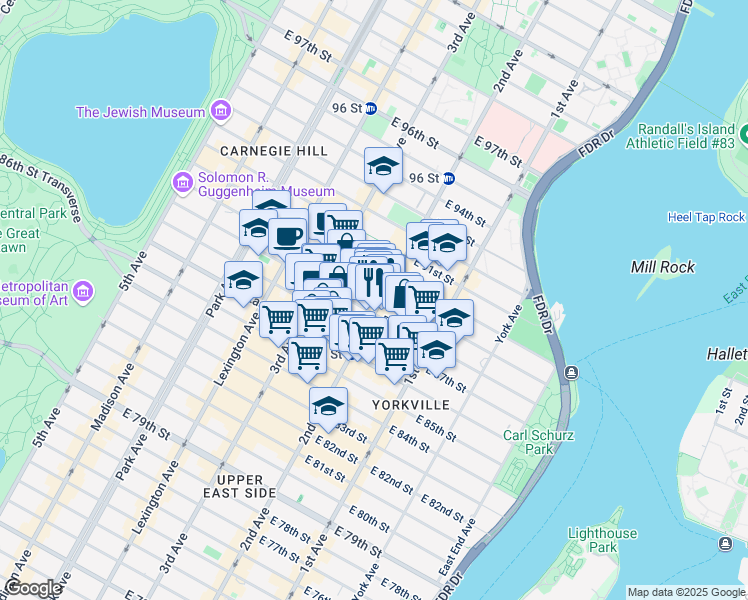 map of restaurants, bars, coffee shops, grocery stores, and more near 1709 2nd Avenue in New York