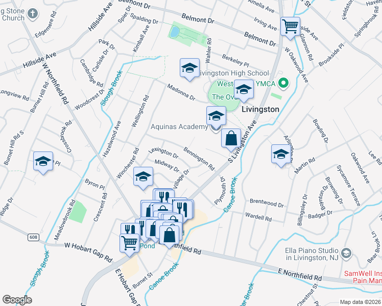 map of restaurants, bars, coffee shops, grocery stores, and more near 43 Village Drive in Livingston