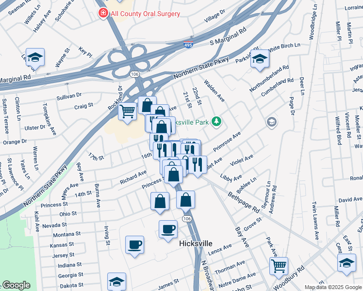map of restaurants, bars, coffee shops, grocery stores, and more near 112 Dawson Lane in Jericho