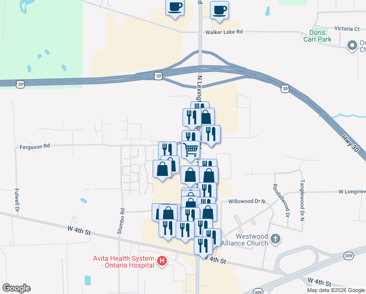 map of restaurants, bars, coffee shops, grocery stores, and more near 979 North Lexington-Springmill Road in Ontario