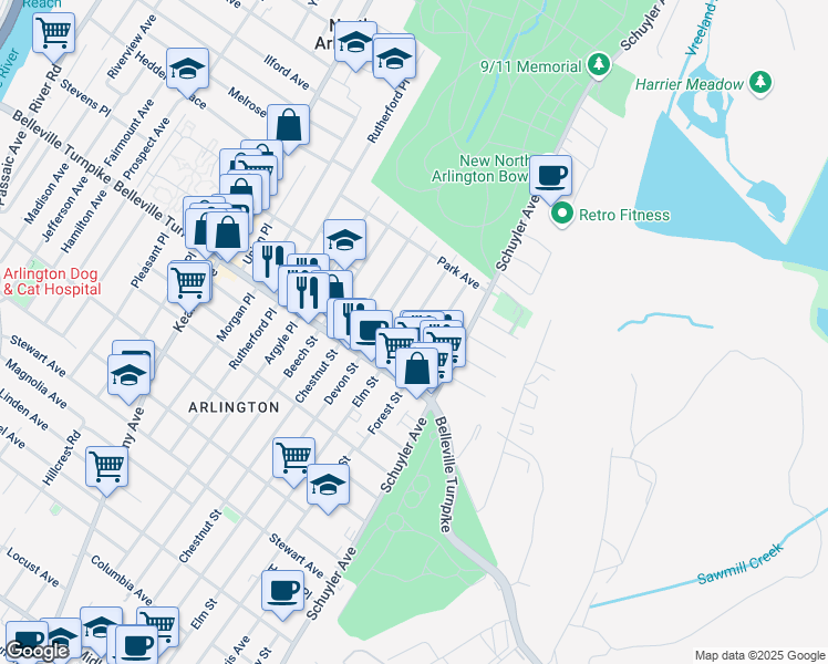 map of restaurants, bars, coffee shops, grocery stores, and more near 18 Elm Street in North Arlington