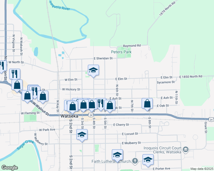 map of restaurants, bars, coffee shops, grocery stores, and more near 315 East Hickory Street in Watseka
