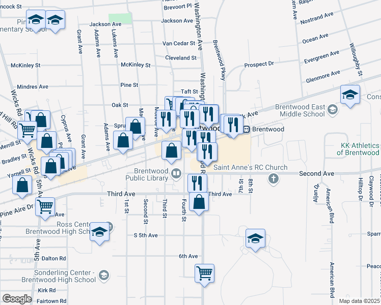 map of restaurants, bars, coffee shops, grocery stores, and more near A Road in Brentwood
