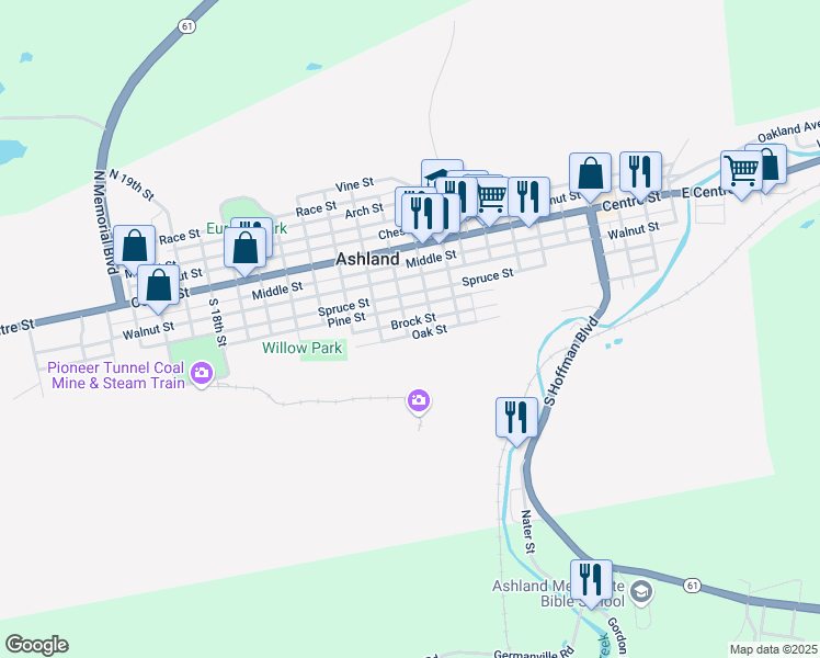 map of restaurants, bars, coffee shops, grocery stores, and more near 1034 Brock Street in Ashland