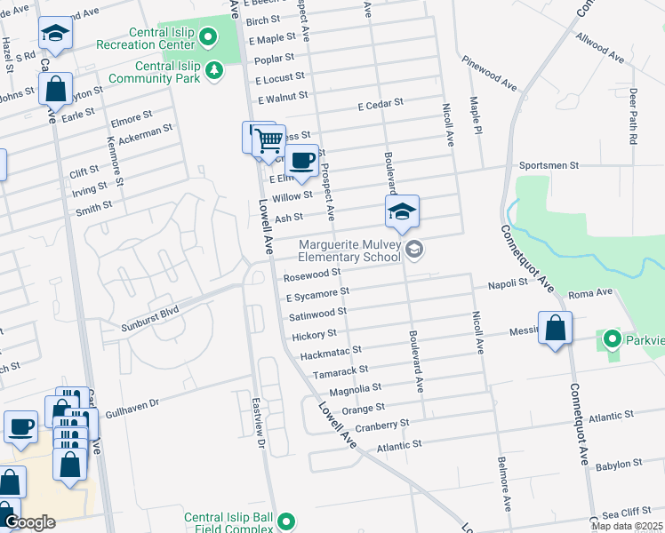 map of restaurants, bars, coffee shops, grocery stores, and more near 19 Rosewood Street in Central Islip