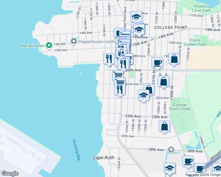 map of restaurants, bars, coffee shops, grocery stores, and more near 22-40 120th Street in Queens