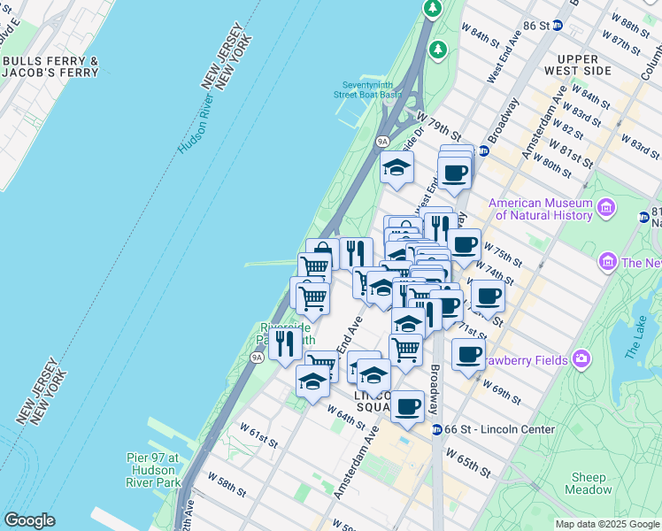 map of restaurants, bars, coffee shops, grocery stores, and more near 220 Riverside Boulevard in New York