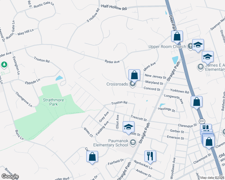 map of restaurants, bars, coffee shops, grocery stores, and more near 331 Concord Court in Dix Hills