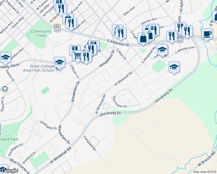 map of restaurants, bars, coffee shops, grocery stores, and more near 320 West Whitehall Road in State College