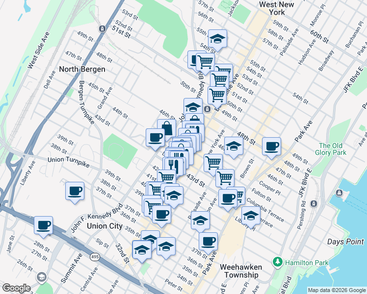 map of restaurants, bars, coffee shops, grocery stores, and more near 525 45th Street in Union City