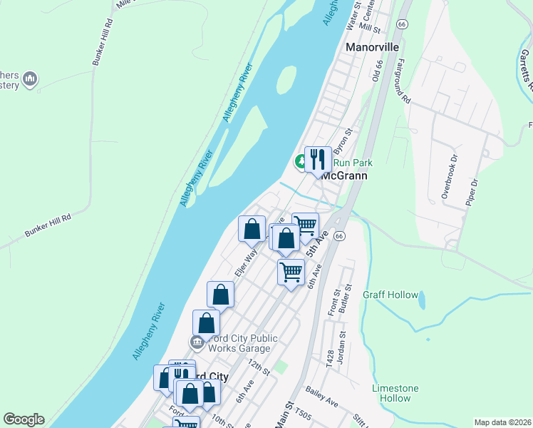 map of restaurants, bars, coffee shops, grocery stores, and more near 1606 3rd Avenue in Ford City