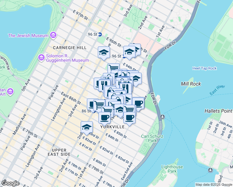 map of restaurants, bars, coffee shops, grocery stores, and more near 324 East 90th Street in New York