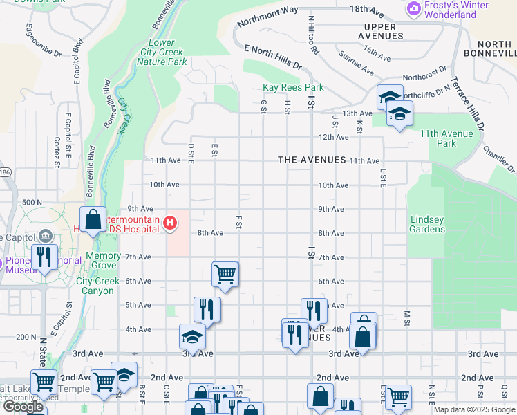 map of restaurants, bars, coffee shops, grocery stores, and more near 417 North G Street in Salt Lake City