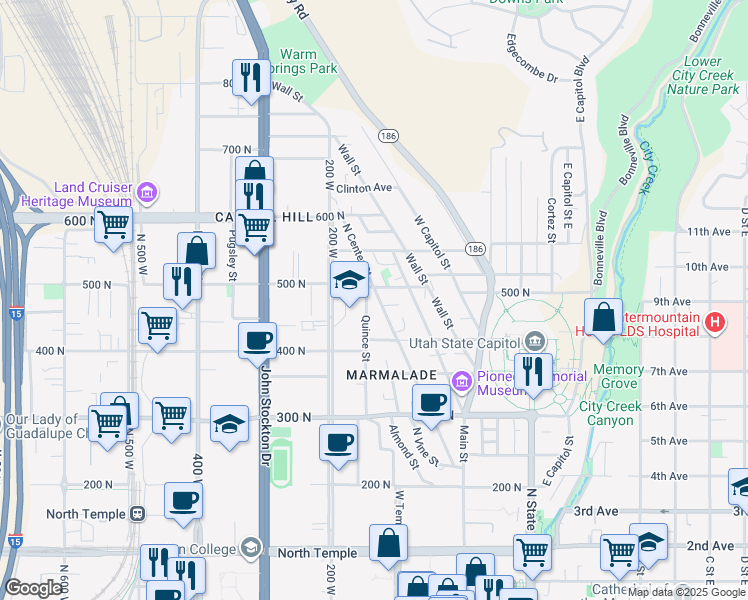 map of restaurants, bars, coffee shops, grocery stores, and more near 426 Quince Street in Salt Lake City