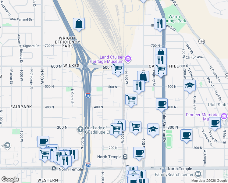 map of restaurants, bars, coffee shops, grocery stores, and more near 437 North 500 West in Salt Lake City
