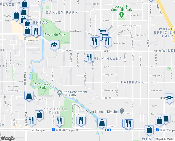 map of restaurants, bars, coffee shops, grocery stores, and more near 435 North 1300 West in Salt Lake City