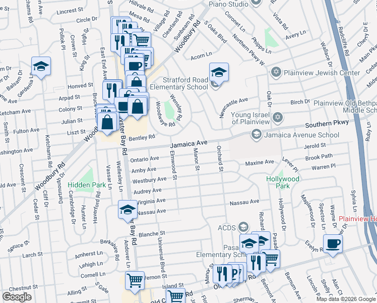 map of restaurants, bars, coffee shops, grocery stores, and more near 46 Amby Avenue in Plainview