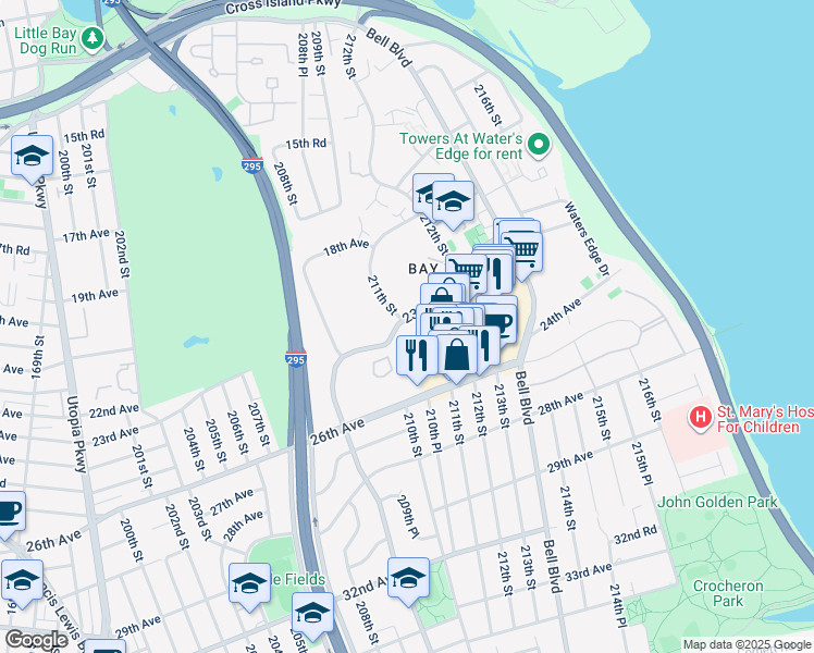 map of restaurants, bars, coffee shops, grocery stores, and more near 2 Bay Club Drive in Queens