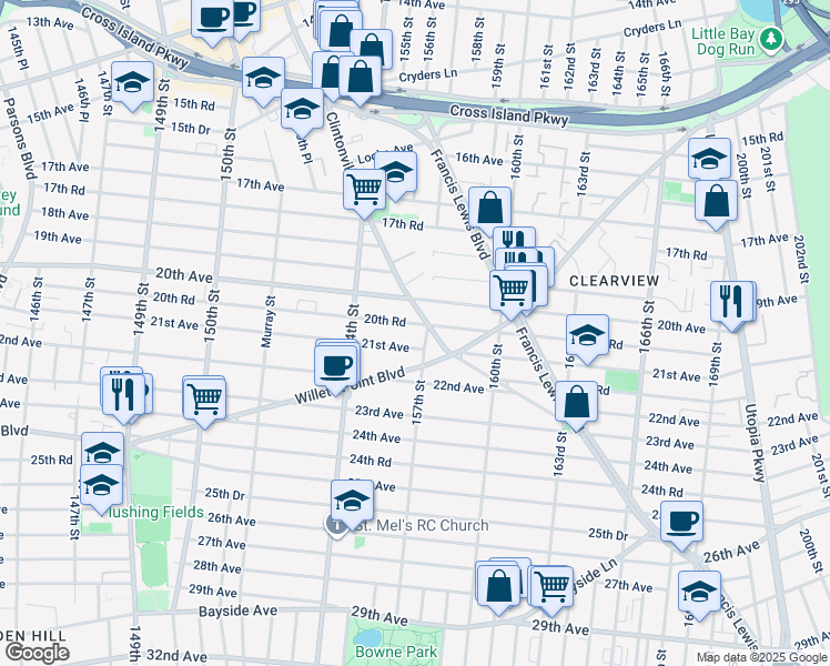 map of restaurants, bars, coffee shops, grocery stores, and more near 21-07 157th Street in Queens