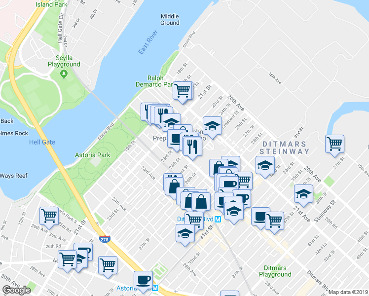 map of restaurants, bars, coffee shops, grocery stores, and more near 22-06 Crescent Street in Queens