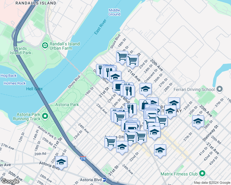 map of restaurants, bars, coffee shops, grocery stores, and more near 22-06 Crescent Street in Queens