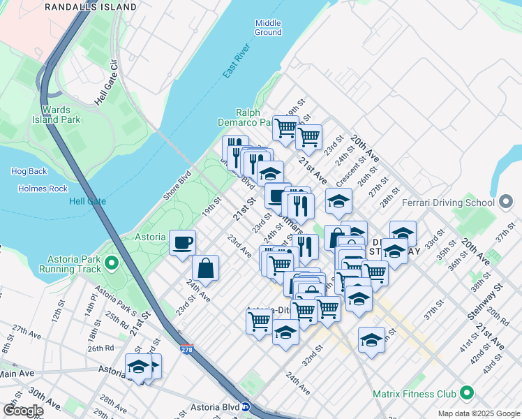 map of restaurants, bars, coffee shops, grocery stores, and more near 22-38 23rd Street in Queens