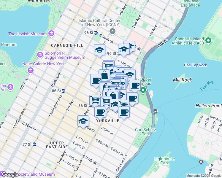 map of restaurants, bars, coffee shops, grocery stores, and more near 352 East 89th Street in New York