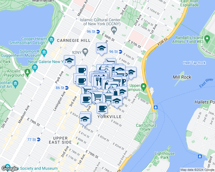 map of restaurants, bars, coffee shops, grocery stores, and more near 311 East 88th Street in New York