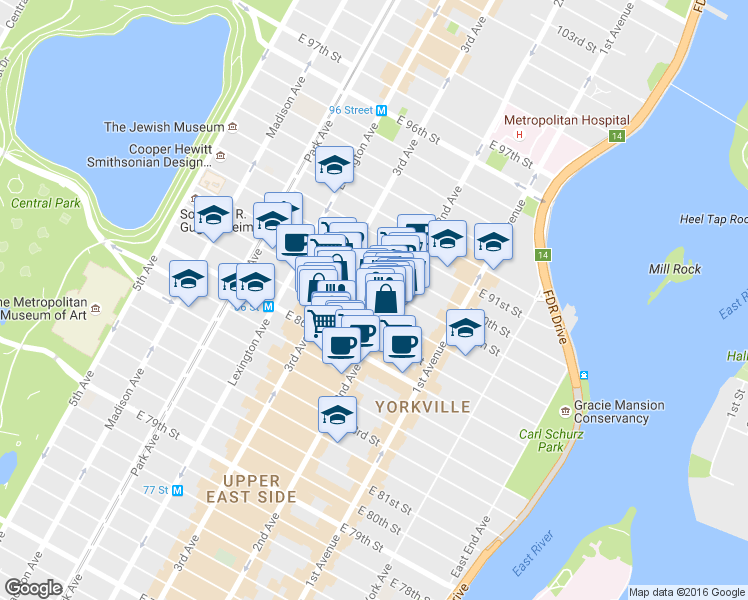 map of restaurants, bars, coffee shops, grocery stores, and more near 260 East 87th Street in New York