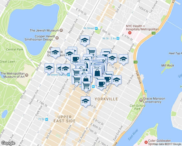 map of restaurants, bars, coffee shops, grocery stores, and more near in New York